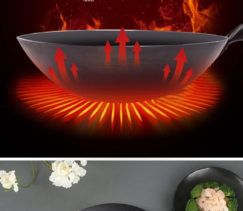 Traditional iron wok,Non-coating Woks Hand forged For Kitchen PanWooden Handle Wok Kitchen Gas Pot Cookware