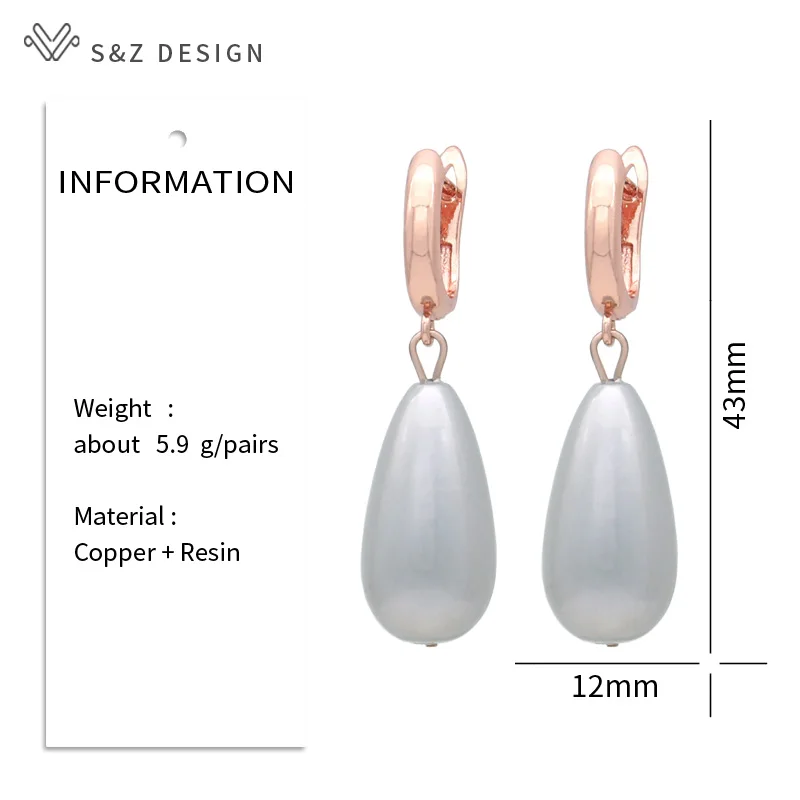 S&Z DESIGN New Fashion 585 Rose Gold Color Long Water Drop Simulated-pearl Dangle Earrings For Women Wedding Party Jewelry