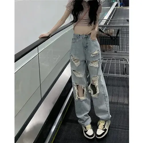 Large Washed 2022 Tattered Jeans Women's Spring and Summer Hot Girls High Waist Straight Tube Loose Beggar Wide Leg Pants 3
