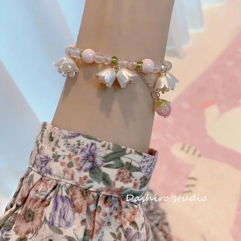 Sca3f77d8c765479591581ca89ad8dfd7O New Design Sweet Vintage Pearl Lily Flower Bracelet for Women Korean Cute Tassel Pink Peach Pendant Bracelet Aesthetic Jewelry Mallzona