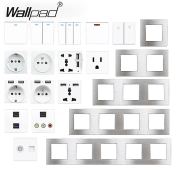 DIY EU 프랑스어 영국 범용 플러그 USB 220V 벽 소켓 및 버튼 스위치 Wallpad 실버 메탈 TV 인터넷 HDMI 콘센트 S6