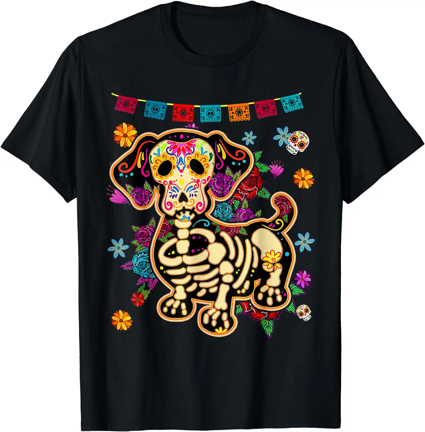 Sugar Skull Mexican Dachshund Bone Halloween Day of Dead T-Shirt Casual Cotton Four Seasons Graphic T Shirts Funny T Shirts short sleeve t shirt,long sleeve t shirt