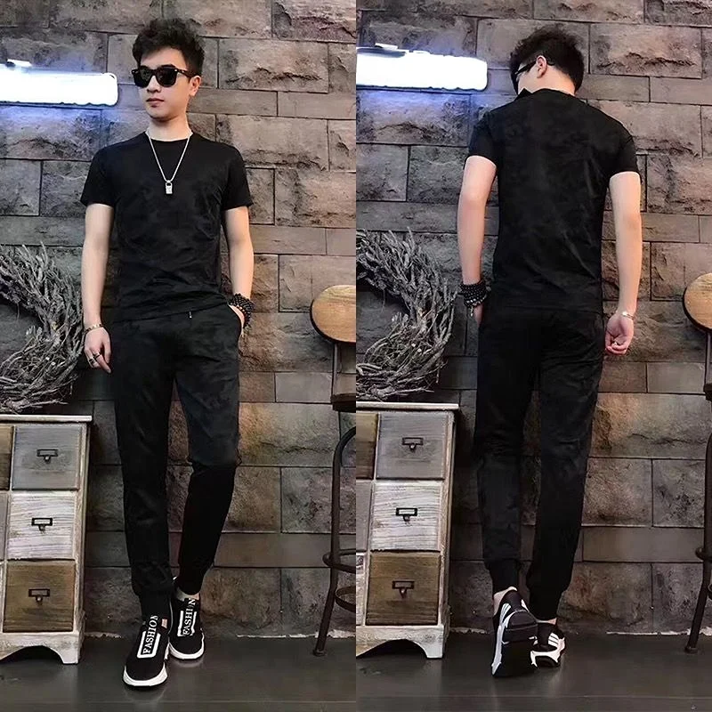 Stretch Pants Sets Chic Top Basic Clothes for Men Slim Fit Grey Male T Shirt Cool Casual Kpop Outdoor Elastic Camo Fashion Xl S clothes for men slim fit chic basic kpop casual cool grey pants sets male t shirt stretch loose high quality 5xl luxury xl s top