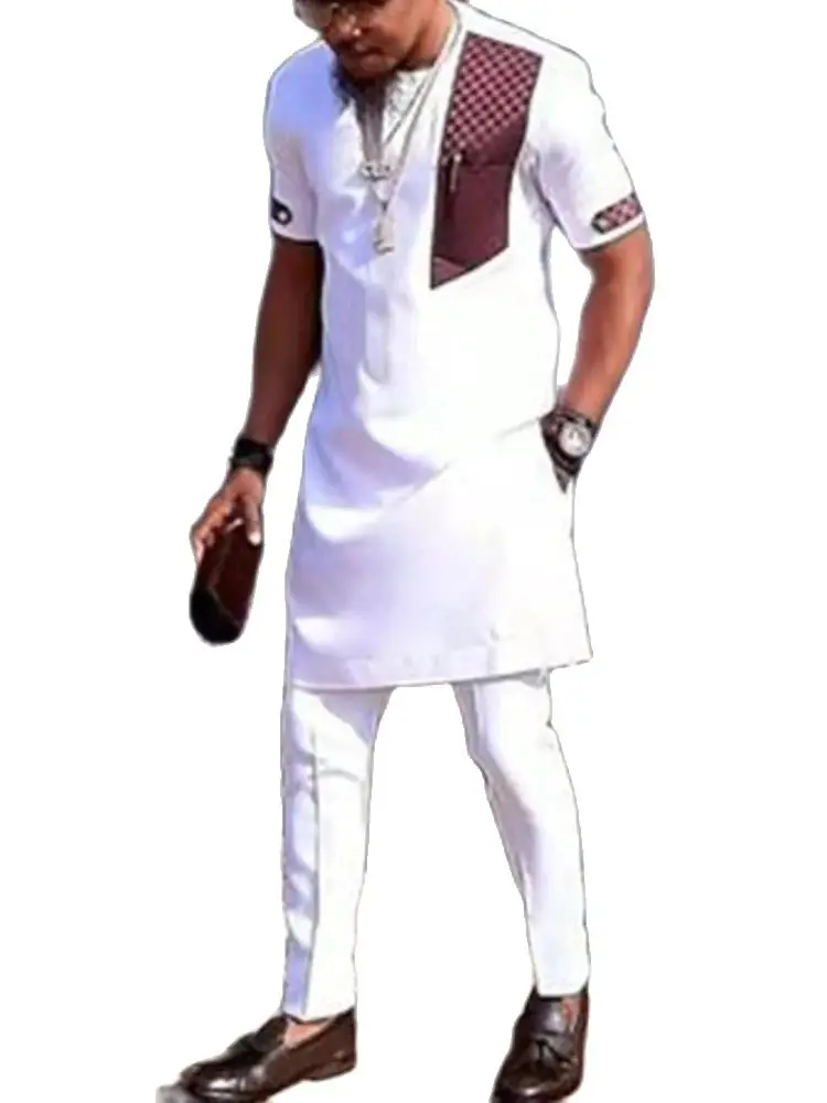 African Clothes Men 2pieces Sets Wedding Short-sleeved Tops Pants Kaftan Outfits Ethnic Casual Style Men's Traditional Suit Wear