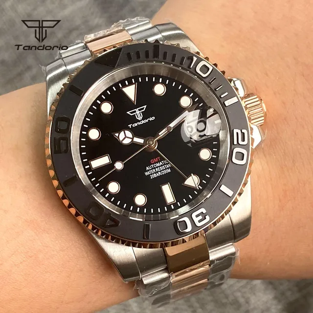 Tandorio-自動リストバンドnh34a gmt,男性用,2トーン,ピンク,金色,回転 