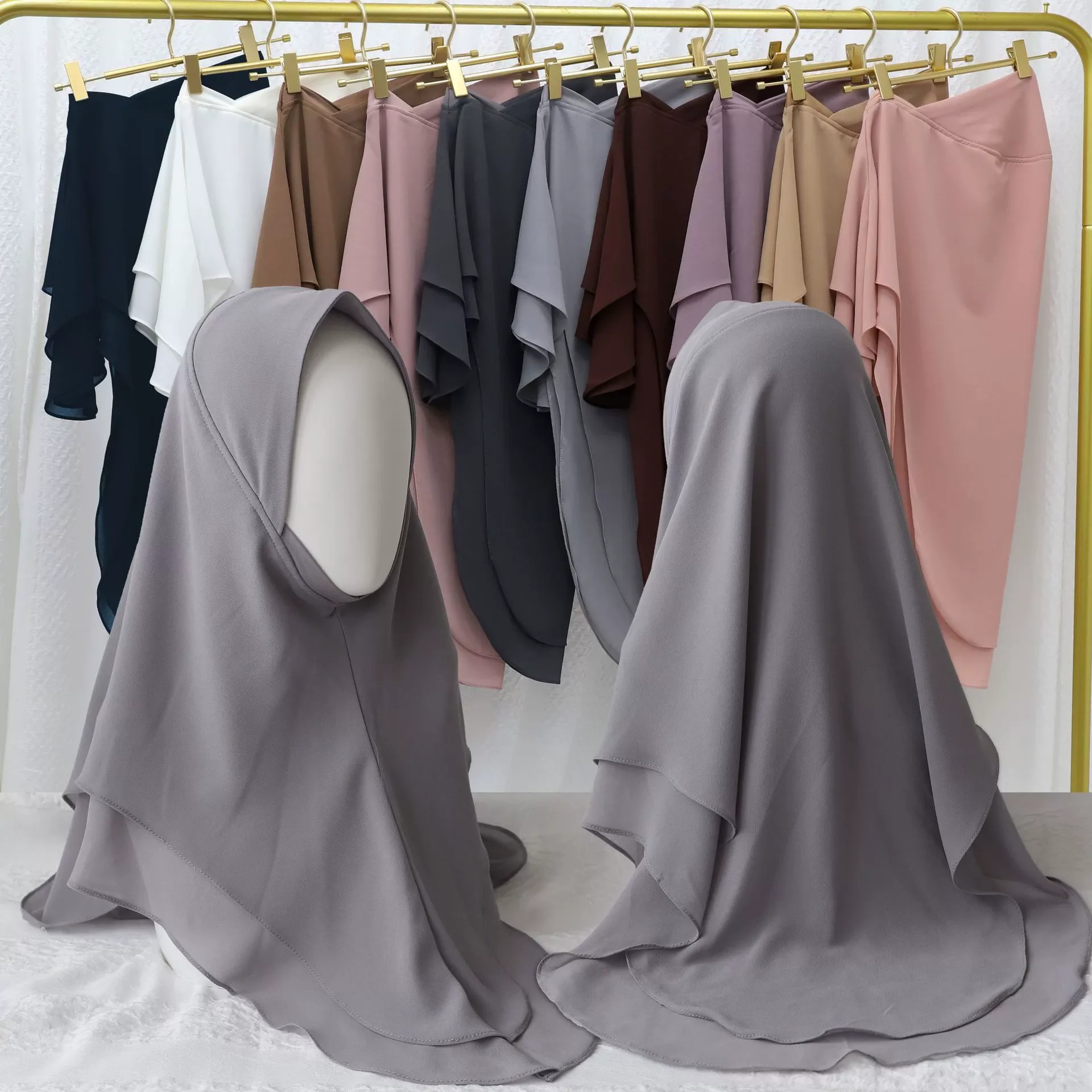 New Double Layered Chiffon Hijab Ready to Wear Instant Hijabs Solid Headscarf Foulard Femme Musulman Scarf Shawl Wrap Bandana