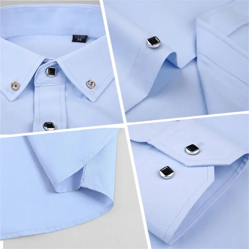 Mens Long-sleeve Classic Shirt Solid Color Button Collar Wedding Party Bottoming Youth Slim Clothing Professional Formal Wear
