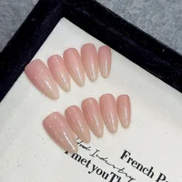 10Pcs Handmade Almond Press on Nails Medium Moonlight Pink Nail Aurora French Simple False Nails Tip Full Over Fake Nails Nude