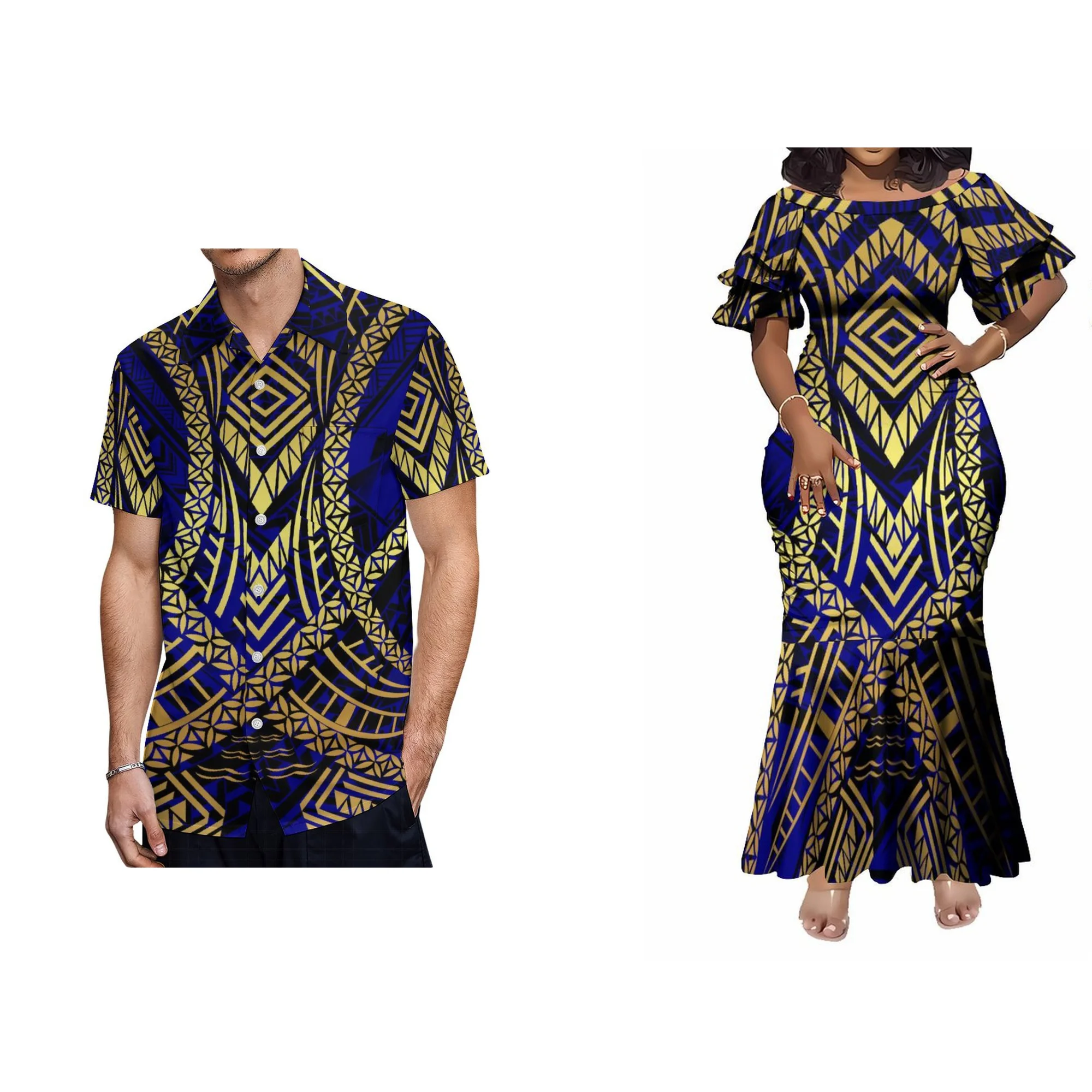 Wholesale Customized Double Layered Ruffle Sleeve Ladies Long Fishtail Mermaid Dress Polynesian Dress Plus Size Womens Clothing