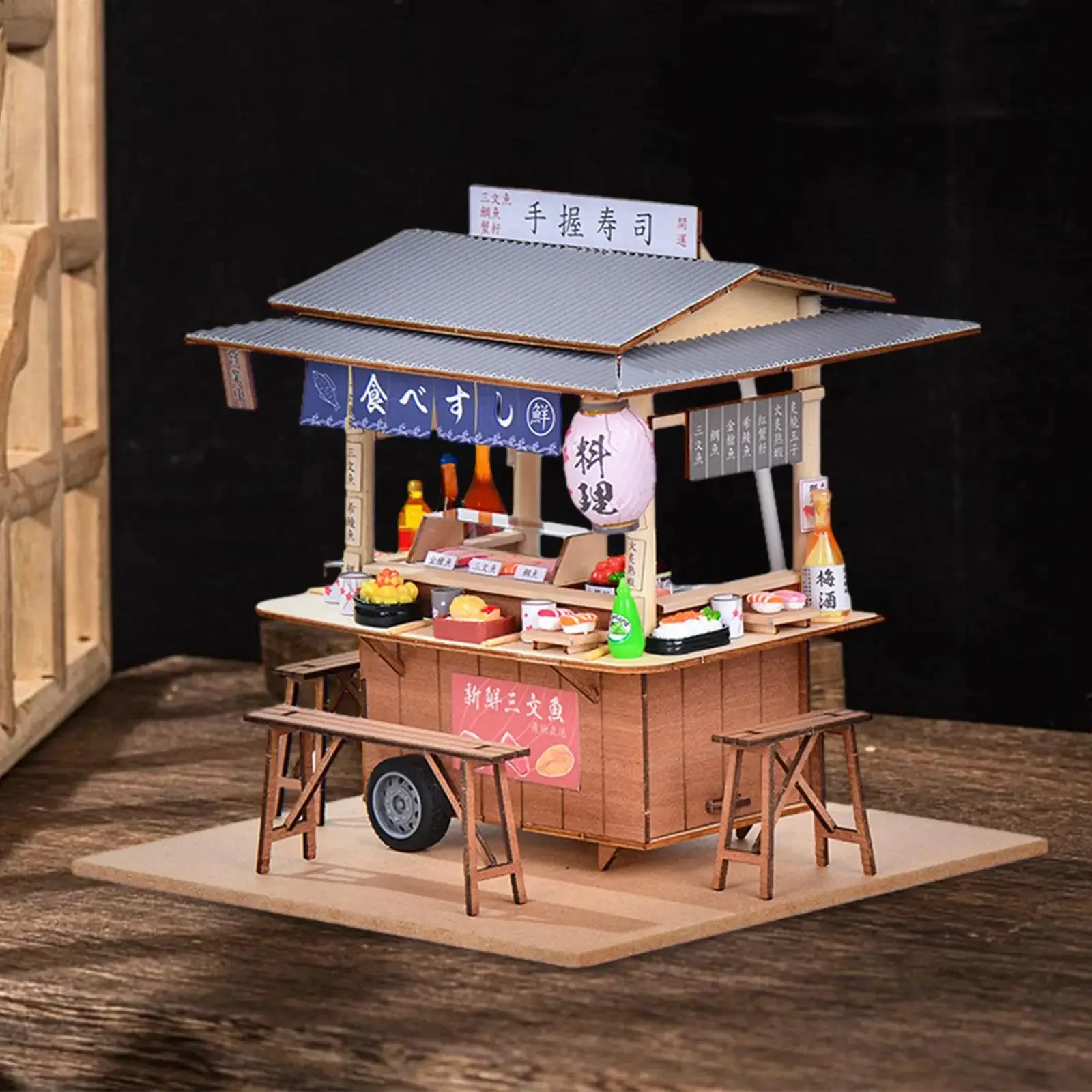 Handmade Miniature Sushi Shop Dollhouse Kit - DIY Wooden Diorama Toy House Scenery