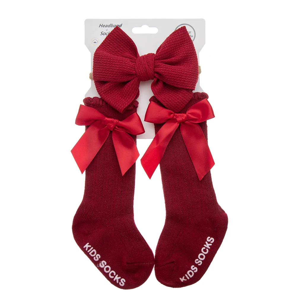 3-Piece Baby Cotton Knee Socks and Hair Bow Headband Set