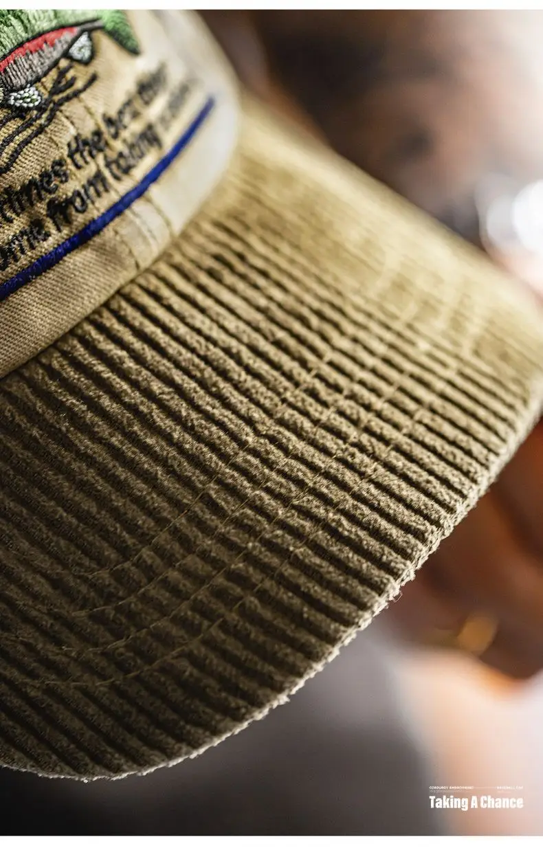 Maden Herren Vintage Cord-Baseballkappe, bestickte Vintage-Mütze, Khaki, gebogene Alltagsmütze für Frühling und Herbst – Detail 9