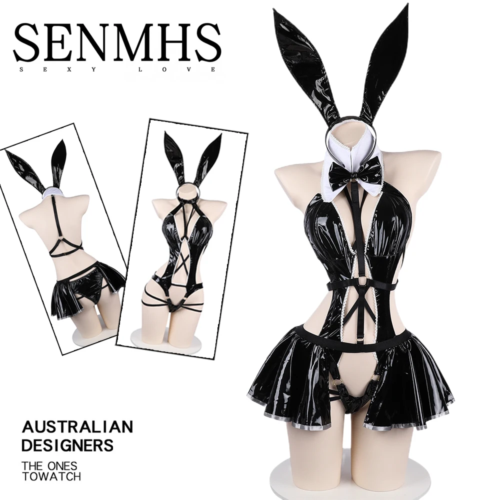 

SENMHS Anime Bunny Girl Sexy Cosplay Costumes Imitation Leather JK Cross Strap Bandage Maid Outfit Kawaii Hollow Out Bodysuit