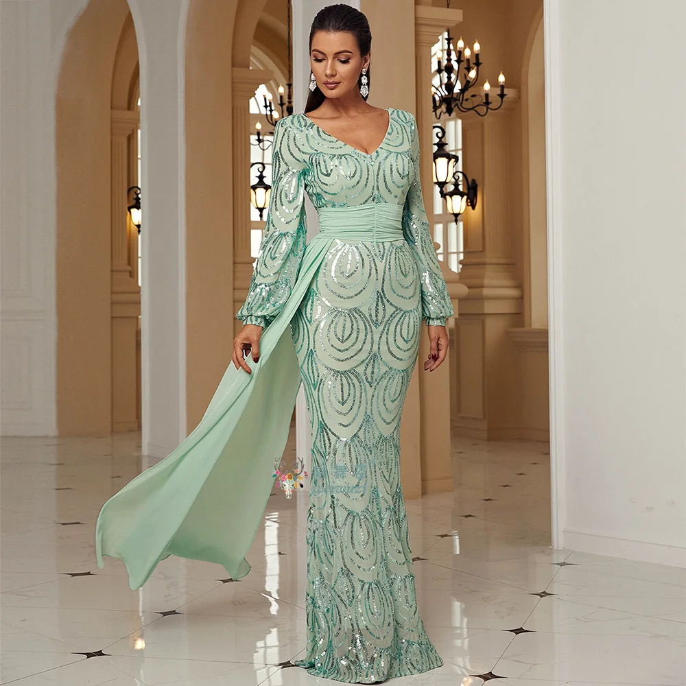 Winter Green Sequin Evening Dress Elegant Long Sleeve V-neck Cocktail  Dresses | eBay UK