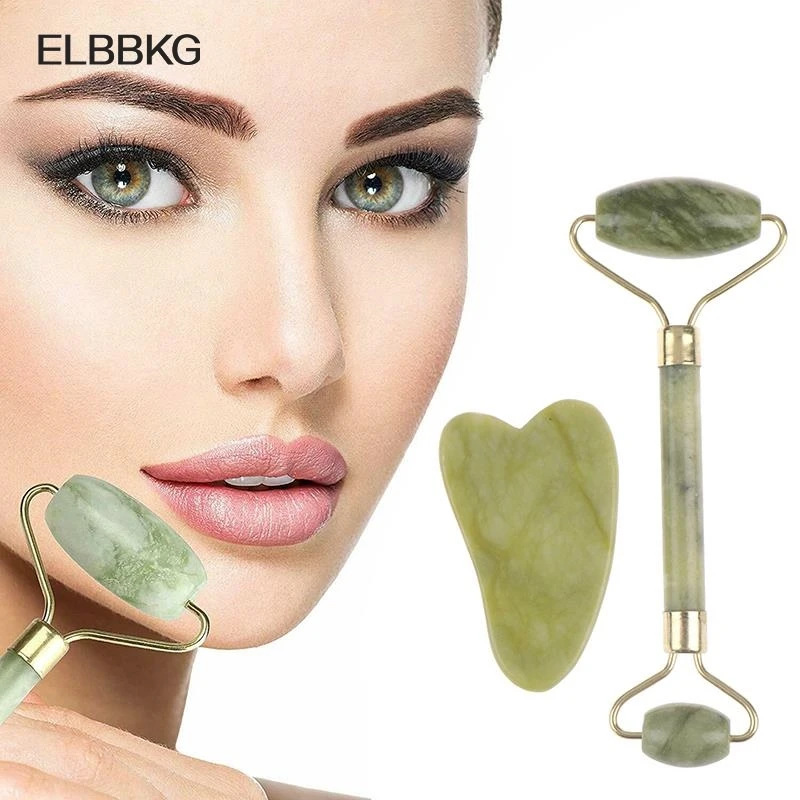 

Roller and Gua Sha Tools by Natural Jade Scraper Massager with Stones for Face