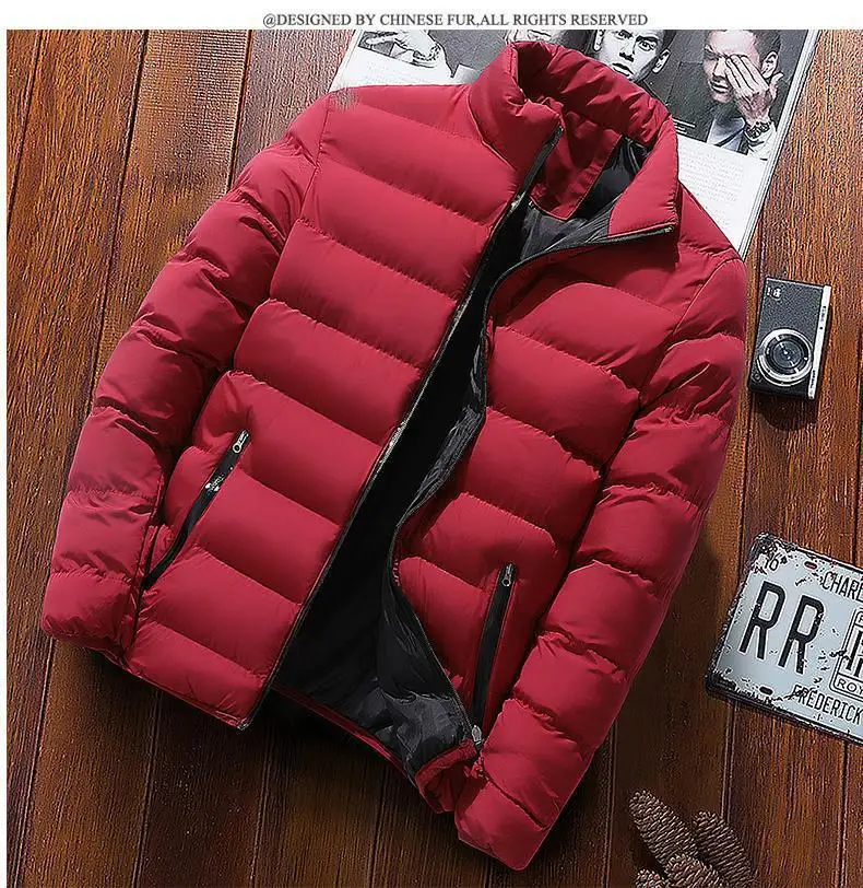 Male Outwear Fleece Thick Warm Windbreaker Jacket Mens Solid Color Baseball Stand Collar Cotton Down Coat 6XL Men Bomber Jacket