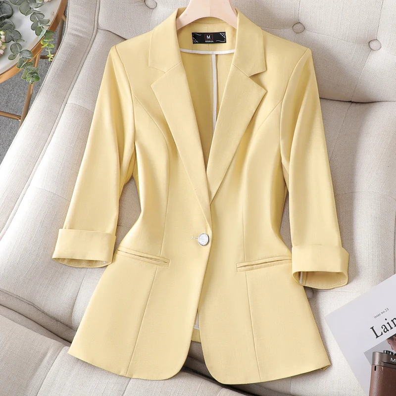 NAVIU Ladies Women Blazer Spring New Professional Half Sleeve Jacket Solid Color Simple Party Coat Blue Black Yellow Pink 4