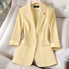 NAVIU Ladies Women Blazer Spring New Professional Half Sleeve Jacket Solid Color Simple Party Coat Blue Black Yellow Pink 4