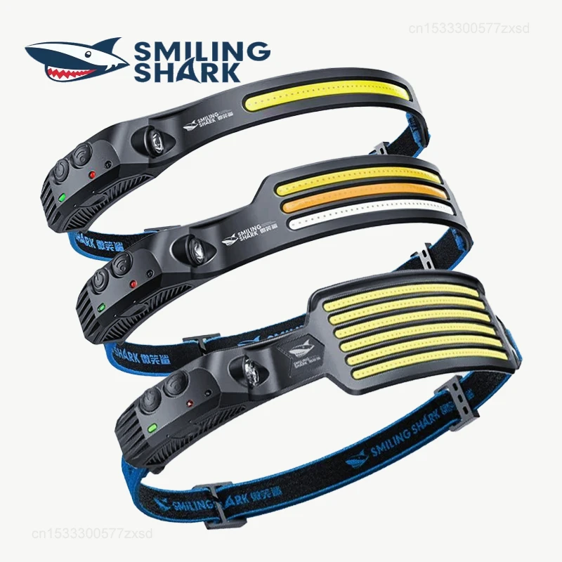 LED Flashlight SMILING SHARK COB Headlamp Powerful Induction LED Sensor Head Torch USB Charging Battery Flashlight Fishing Outdoor Riding