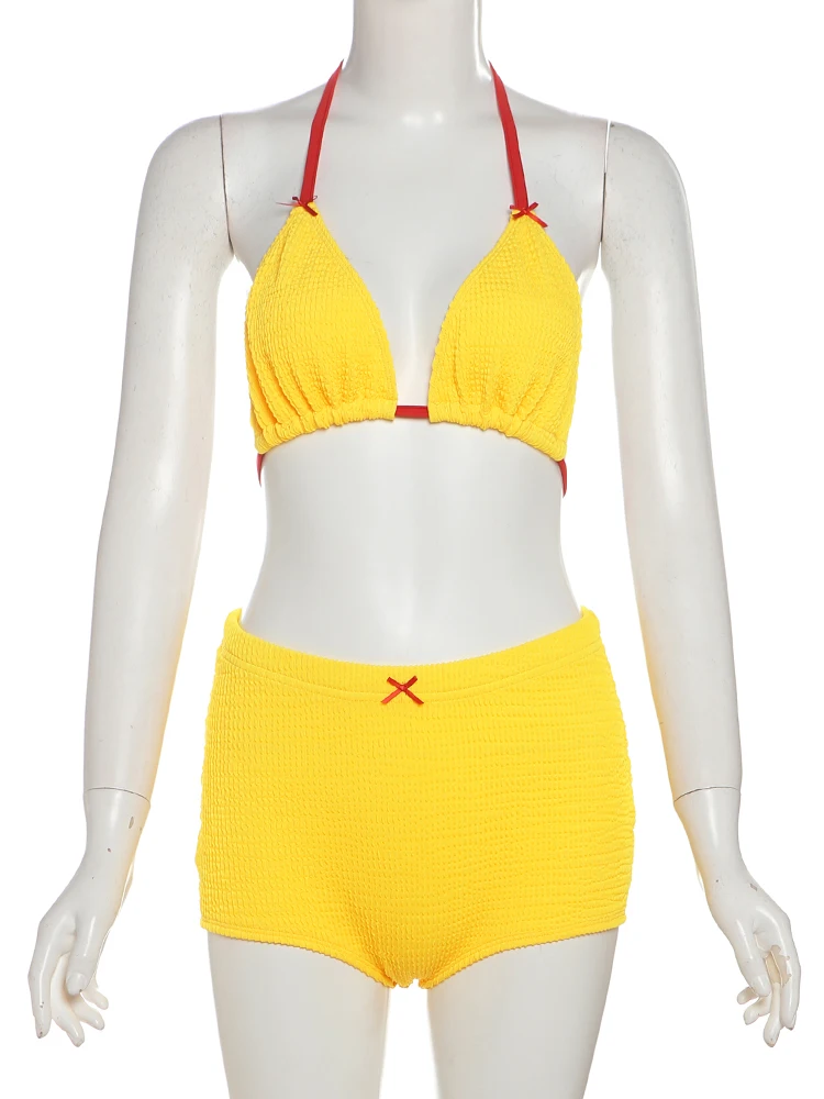 Nibber Vacation Wavy Stripes 2 Piece Set Women Swimsuit Bra Tops+Mini Shorts Sexy Skinny Simple Casual Activity Clubwear Suits