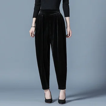 Pantaloni casual a vita alta slim Harren autunno e inverno da donna in velluto dorato 1