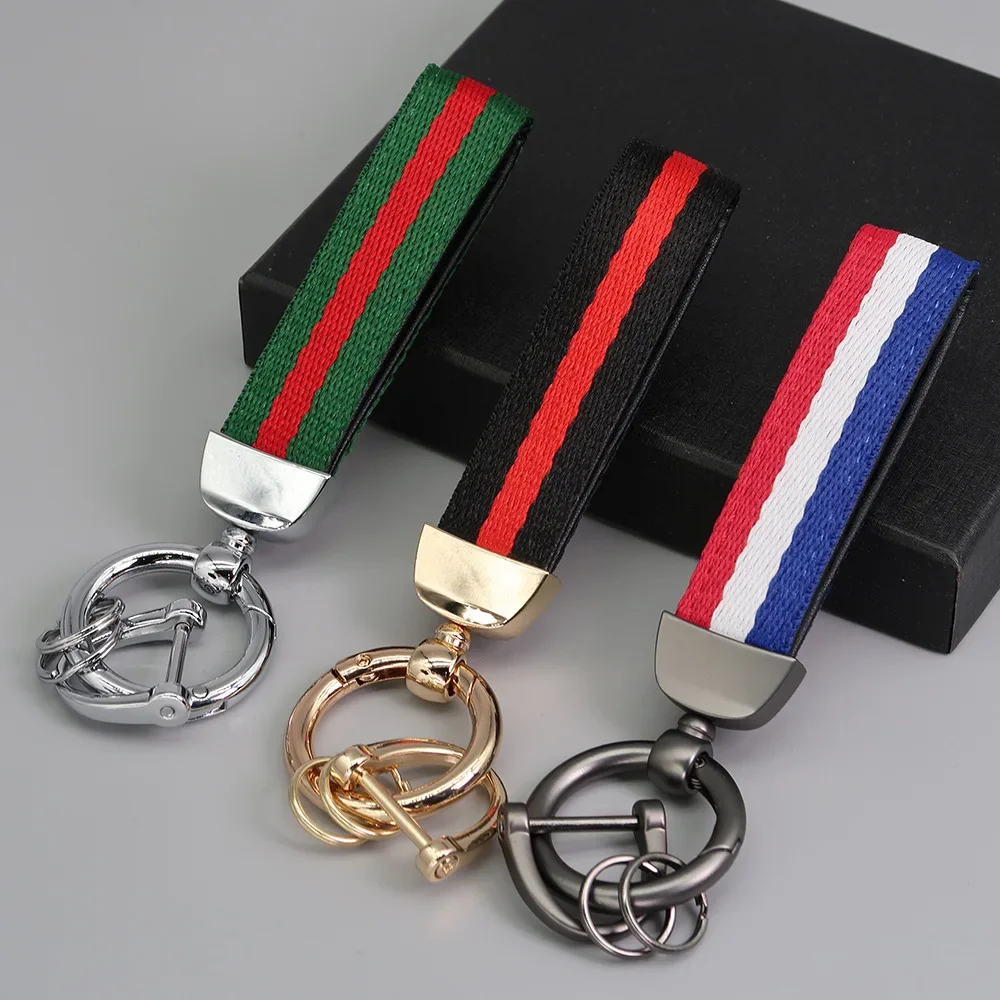 Hot Selling Tricolor Nylon Webbing Keychain For Men and Women Retro Vintage Leather Custom Key Chains Car Bag Keyring Accessory