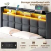 Bed Frame Queen Size with Lift Up Storage, Charging Station & LED Lights, Upholstered Storage Headboard, Heavy Duty Wooden Slats 5