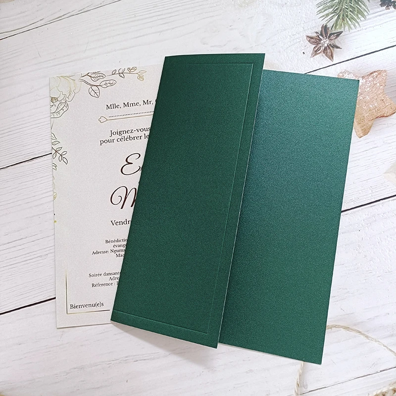 5X7Inch Emerald Paper Wedding Party Invitation Card Cover No Inner Sheet No Envelope Wax Seal Ribbon Flower 50pc