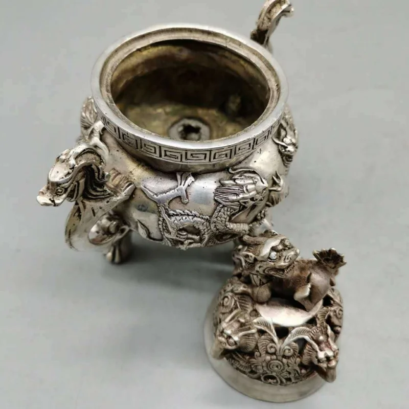 6.5inch Collect Chinese Paktong Two dragon play pearl Pixiu lion leg Incense Burner