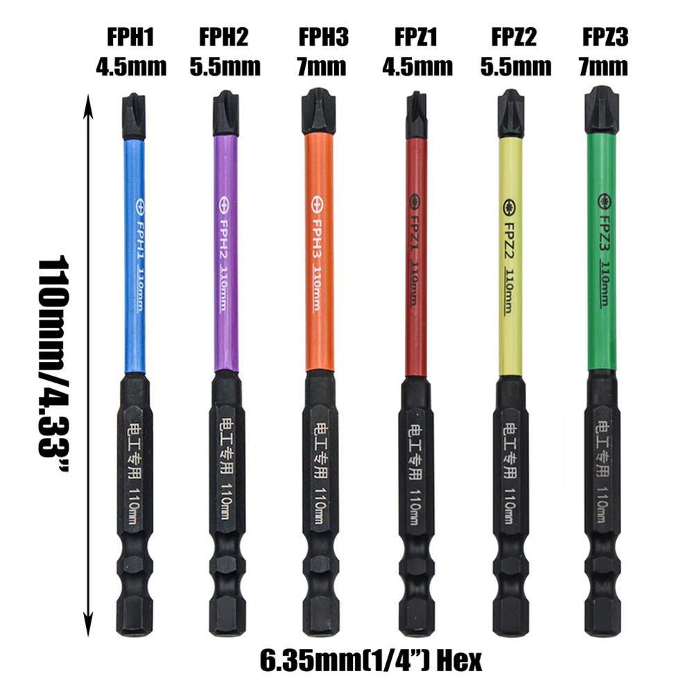 마그네틱 슬롯 크로스 스크루 드라이버 비트, FPH FPZ 파워 드릴, 소켓 스위치 회로 차단기용 특수 스크루 드라이버, 110mm, 6 개