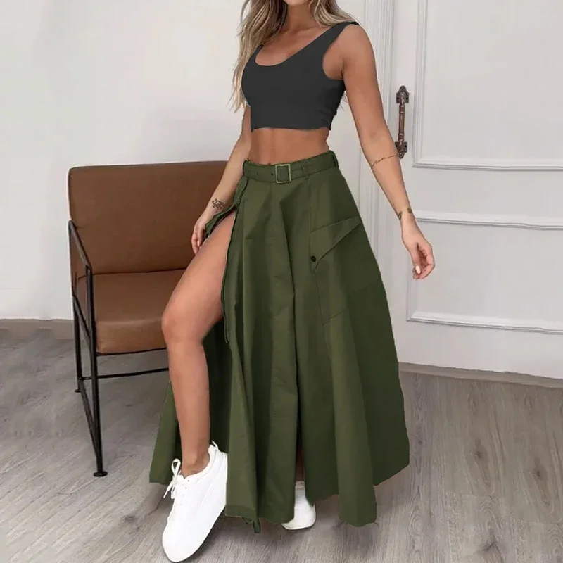 MECOCICI 2 Piece Set Women Stylish Solid Round Neck Sleeveless High Waist Vest Top Loose With Pockets Zipper Long Skirt Sets