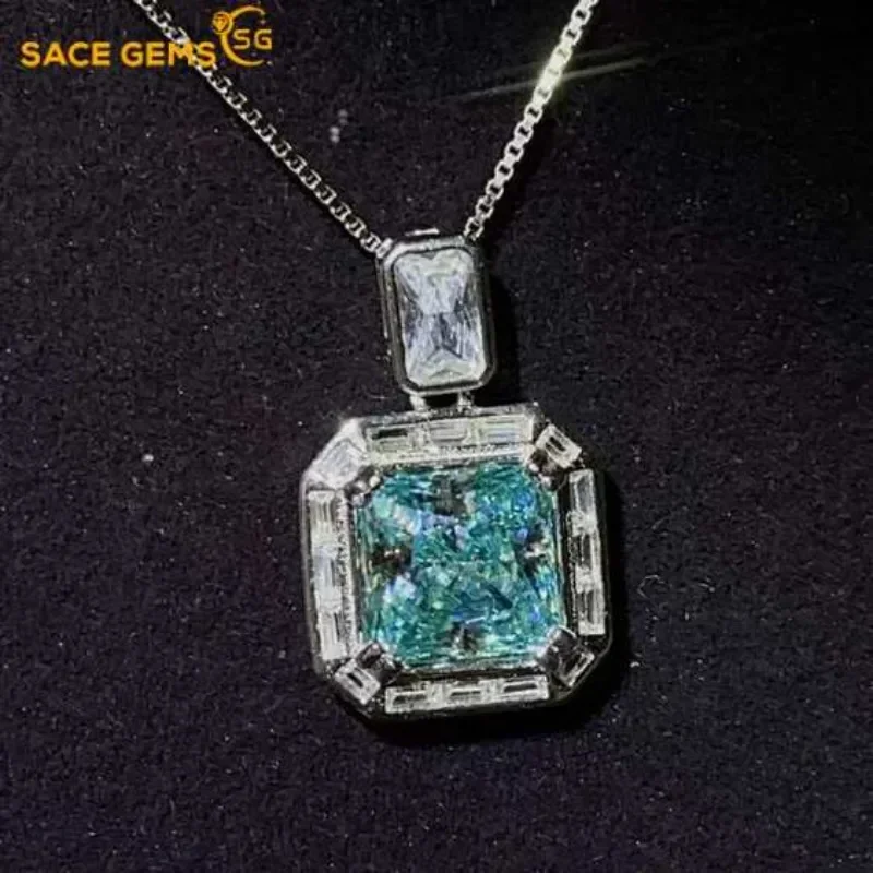 GRA Certified D VVS1 2ct Sea Blue Moissanite Pendant Necklaces for Women Trendy Jewelry 925 Sliver Plated White Gold Necklace