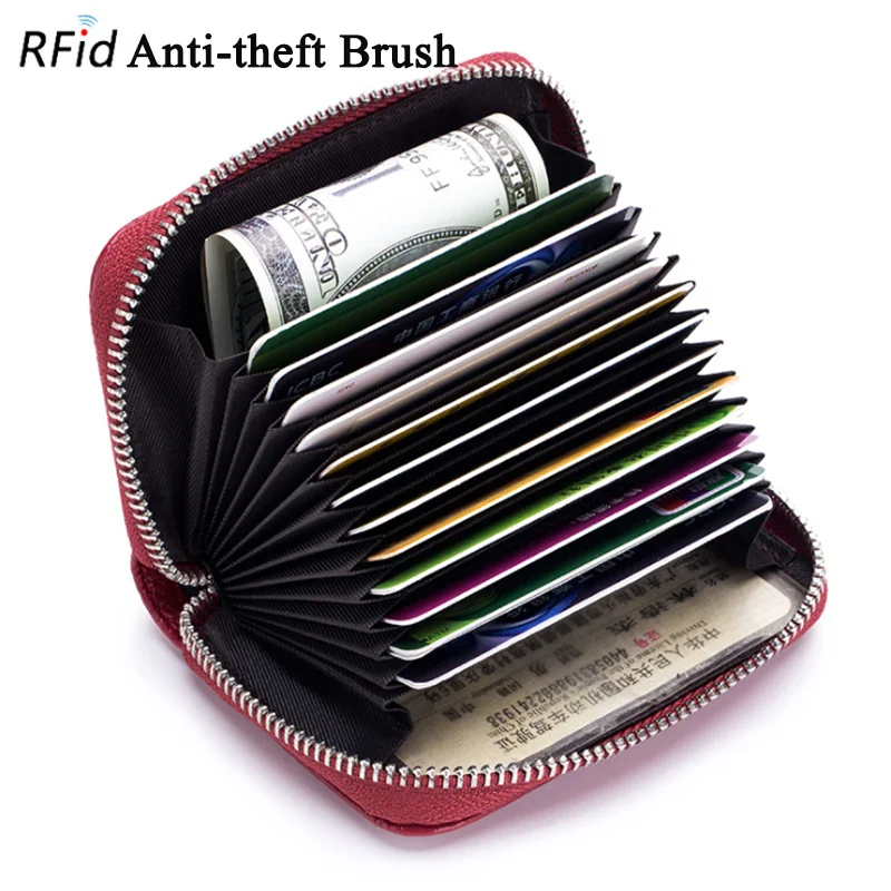

12 Card Slots RFID Genuine Leather ID Card Organizer Women Business Card Holder Men Cowhide Travel Zipper Card Bag