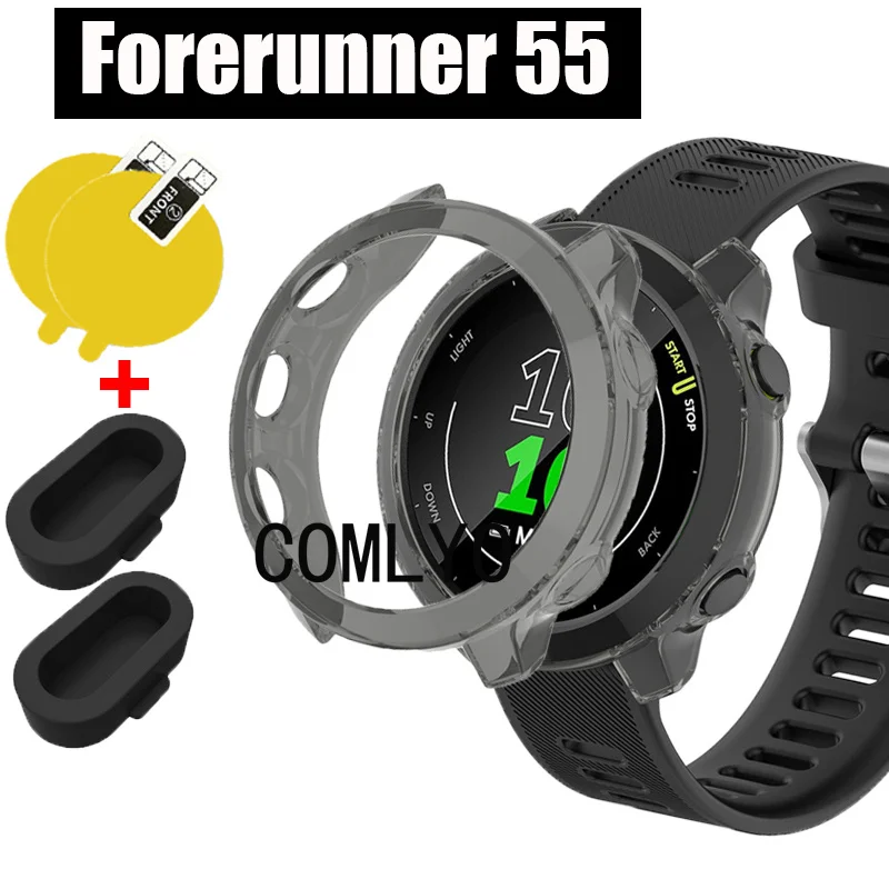 

For Garmin Forerunner 55 Watch Protective Case Cover Protector Shell Soft TPU Bumper Dust Plug Screen protector