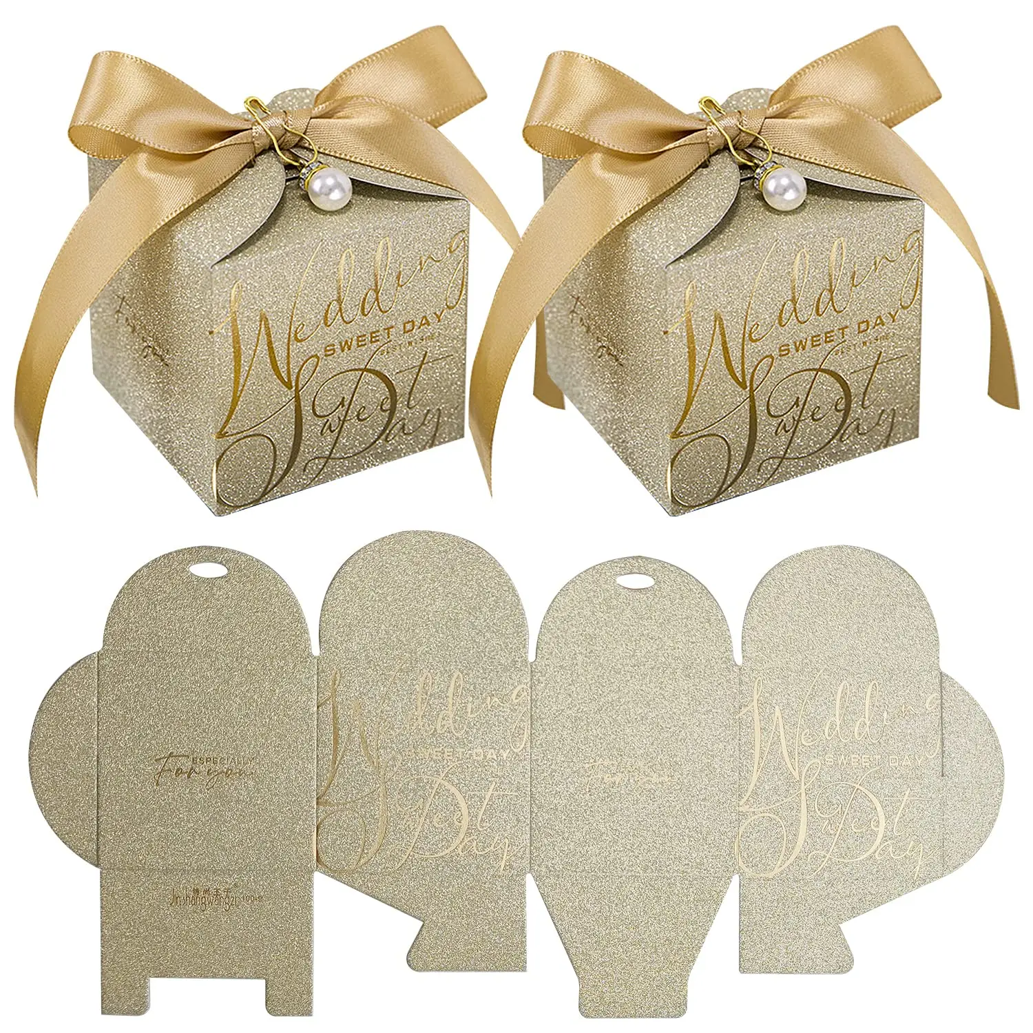 10 PCS Wedding Gift Box, Gold Candy Gift Box Paper Box with Ribbon for Wedding Decoration Party Favor Small Gift Packing