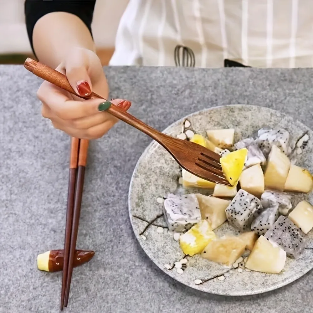 3 Pieces Tableware Natural Wood Dinnerware Spoon Chopsticks Fork Dinner Portable Tableware Grain Household Kitchen Cutlery Set