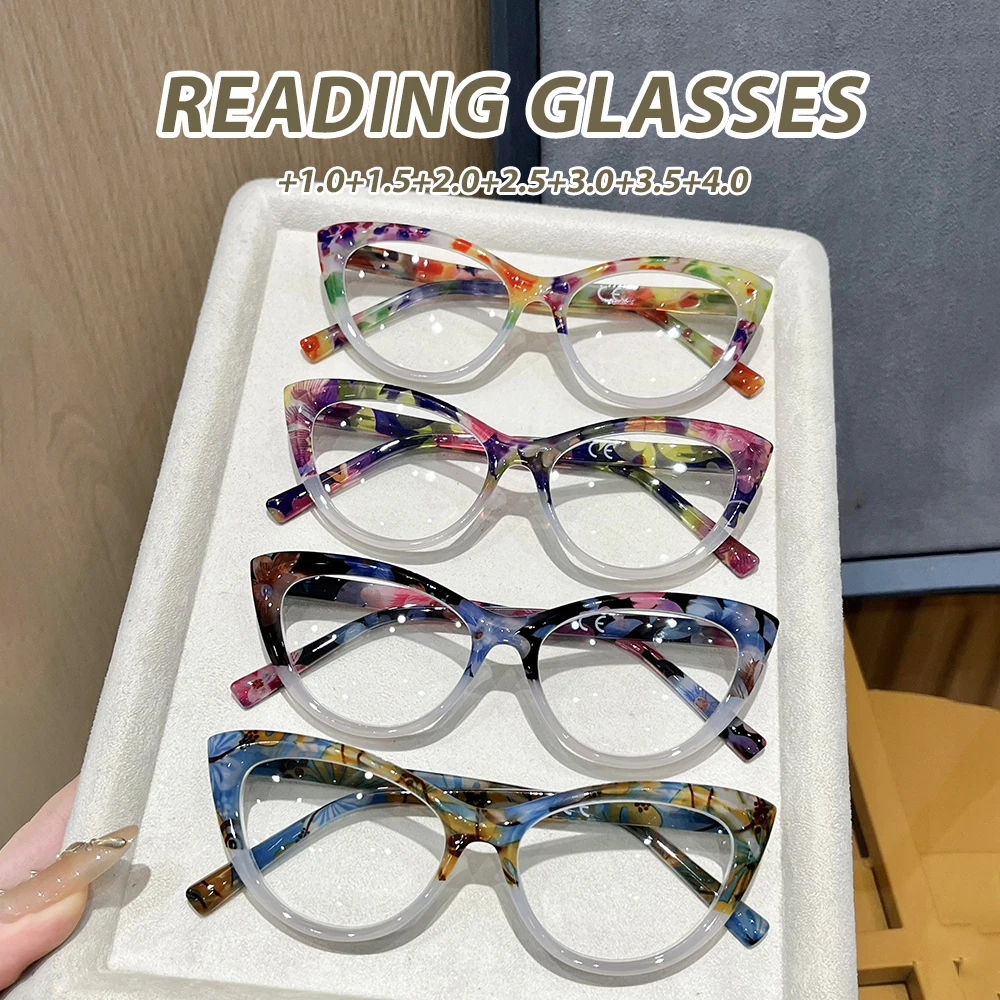 Artistic Patterned Cat-Eye Reading Glasses with Exquisite Gradient Design