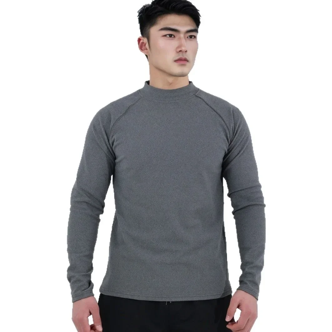 Winter High Collar Cationic Velvet Warm Slim Fit round Neck Sports Fitness High Elastic Long Sleeve T Shirt Baseball Game Shirt