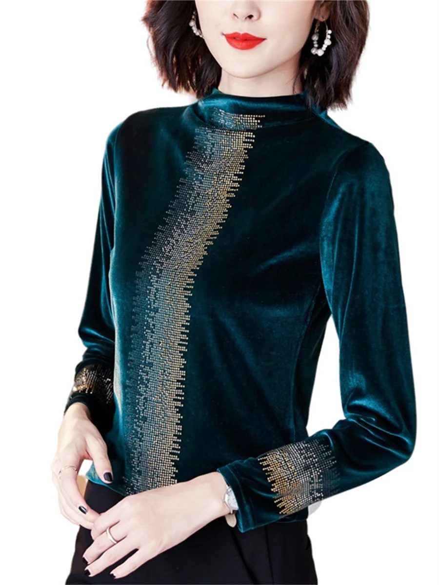 

4XL Women Spring Autumn Blouses Shirts Lady Fashion Casual Long Sleeve O-NeckCollar Lace Sequins Rhinestones Blusas Tops CT0339