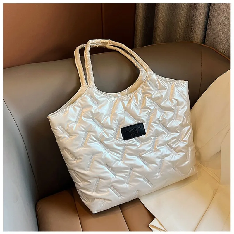 Women Padded Tote Bag Versatile Solid Puffer Bag Big Capacity Quilted Shoulder Bag Casual Winter Commuting Bag