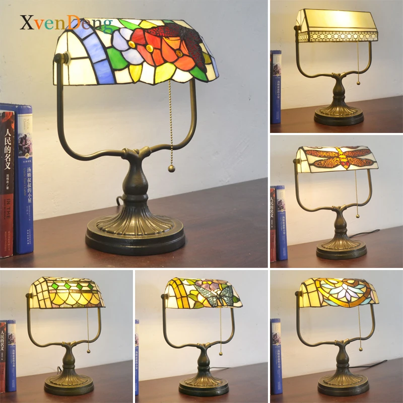 

Винтажные настольные лампы из витражного стекла для спальни, средиземноморская настольная лампа Тиффани, прикроватный Декор для гостиной, светодиодный ночник для Кабинета