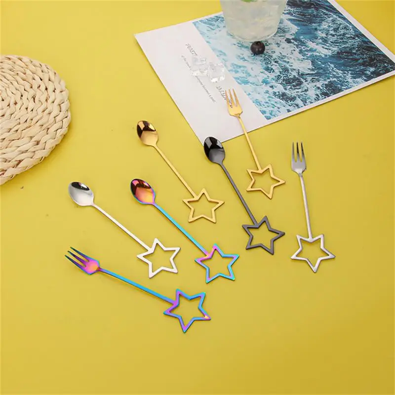 304 Stainless Steel Spoon Creative Stars Golden Coffee Mixing Spoon Household Ice Cream Dessert Fork
