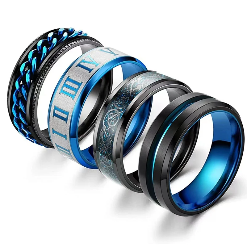 موضة اللون الأزرق مكافحة الإجهاد القلق تململ سبينر خواتم التنين نمط الرجال حلقة ماتي الأرقام الرومانية العصرية الأخدود الهدايا