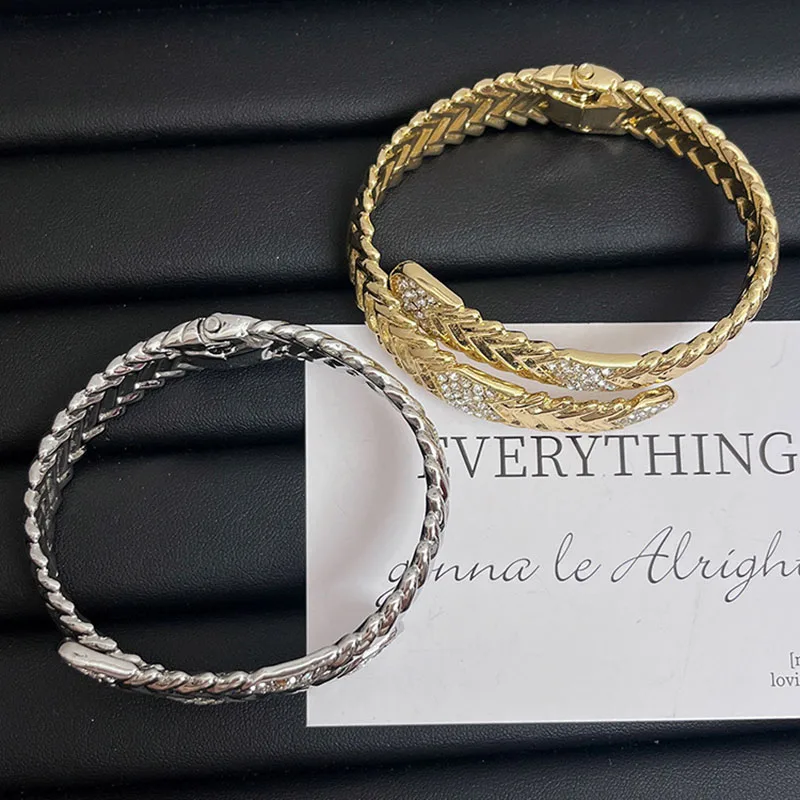 Rhinestone pave double layered snake bangle for women Snap clasp wide bangles vintage handmade elegant jewelry new in 4