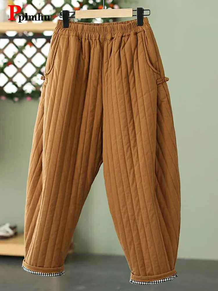 Oversized 4xl Cotton Padded Pants Winter Warm Baggy Pantalones Elastic High Waist Harem Spodnie Thicken Quilted Womens Trousers