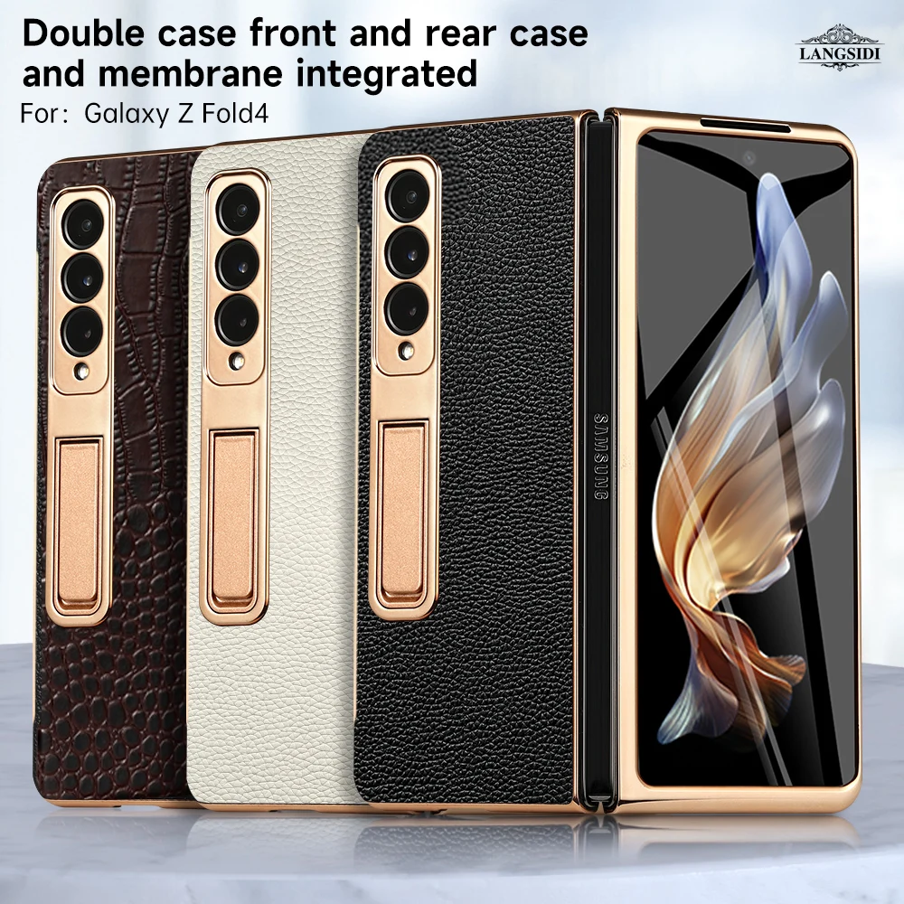 

Genuine Cow Leather Kickstand Holder Case for Samsung Galaxy Z Fold 4 ZFold4 Crocodile Glossy Frame Cover Glass Screen Protector