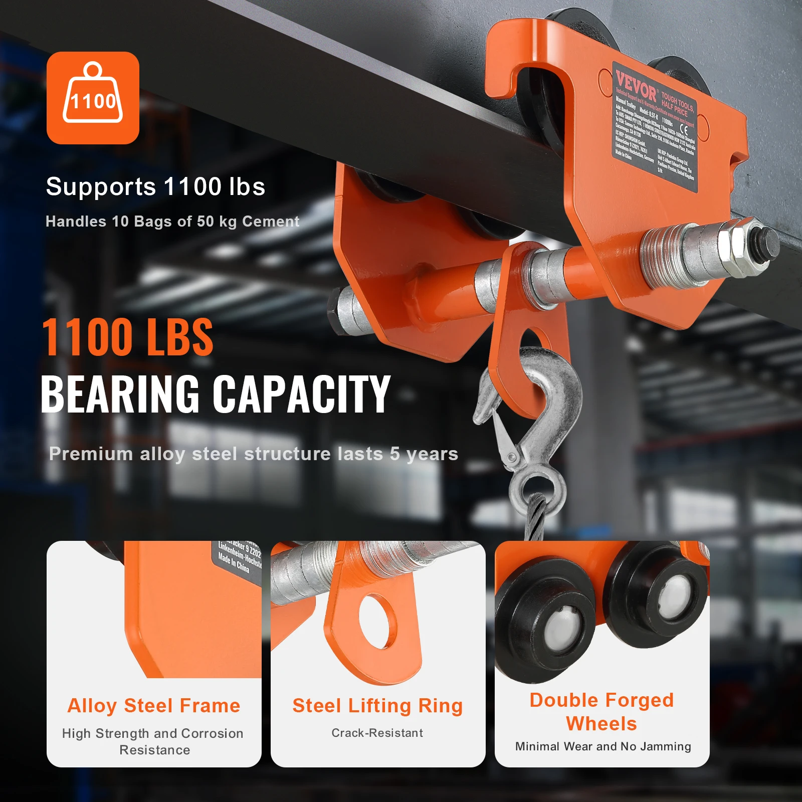 0.5/1/2/3/5 Ton Manual Push Beam Trolley Dual Wheels Adjustable Straight Curved I-Beam Flange Width 2.5" to 8" for VEVOR