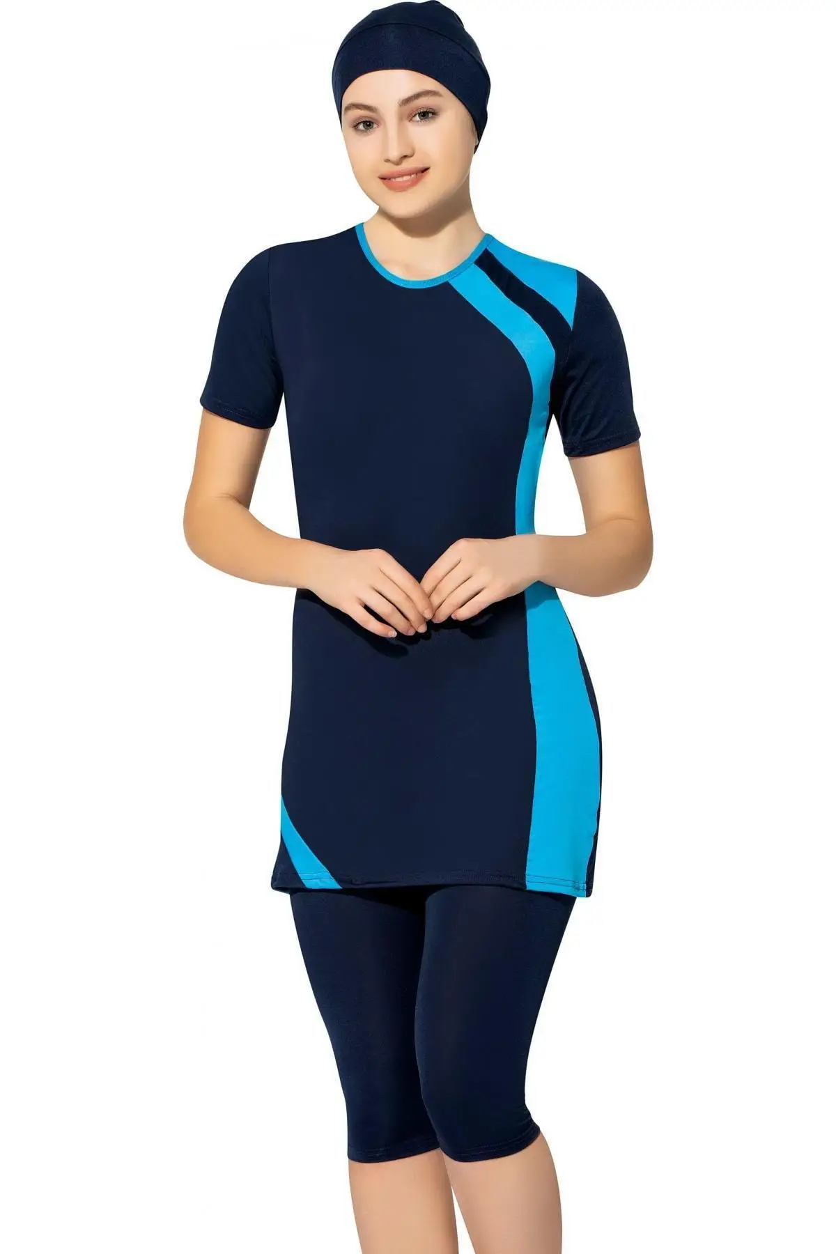 

Half Sleeve Semi Hijab Swimwear 7520 Navy Blue Large Size Indoor Plain Color Beach Wear