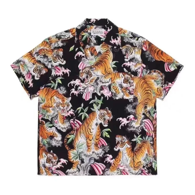 

Flowers Tigers Print Summer WACKO MARIA Tees Men Women 1:1 Top Quality Hawaii Beach Style Lapel Shirts