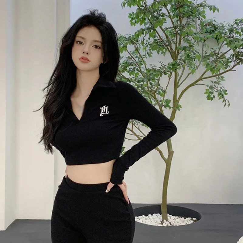 Women Long-Sleeved V-Neck Tops Knitted Sweater Solid Color Autumn Fashion Korean Style Y2K Clothing_voghion.com